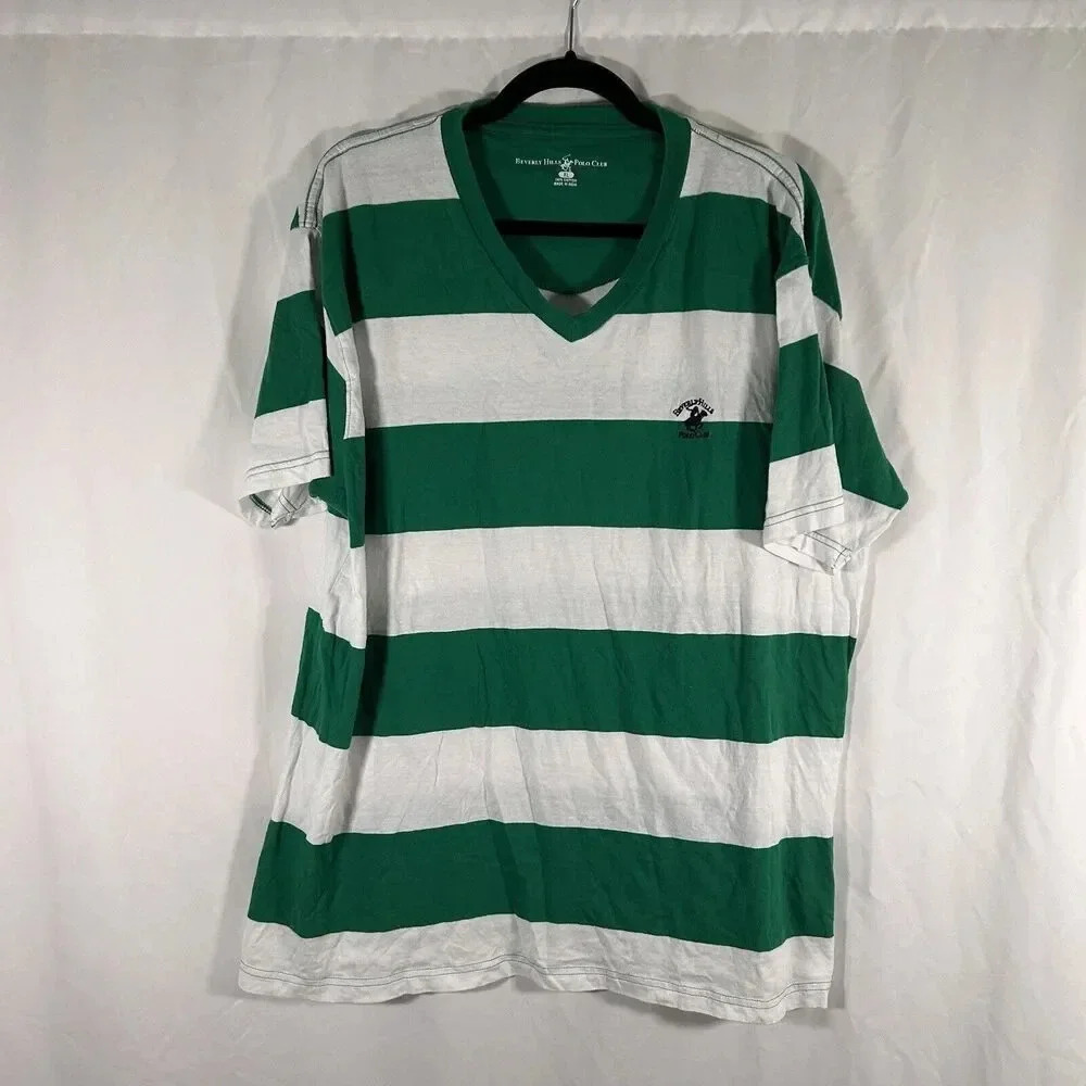 Beverly Hills Polo Club Shirt Men's XL Green White Striped Vneck Short Sleeve